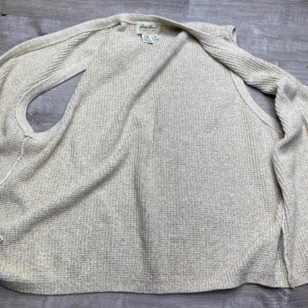 Eddie Bauer Mens M Cotton Knit Sweater Vest Beige‎ Tan V-Neck Cardigan Made USA